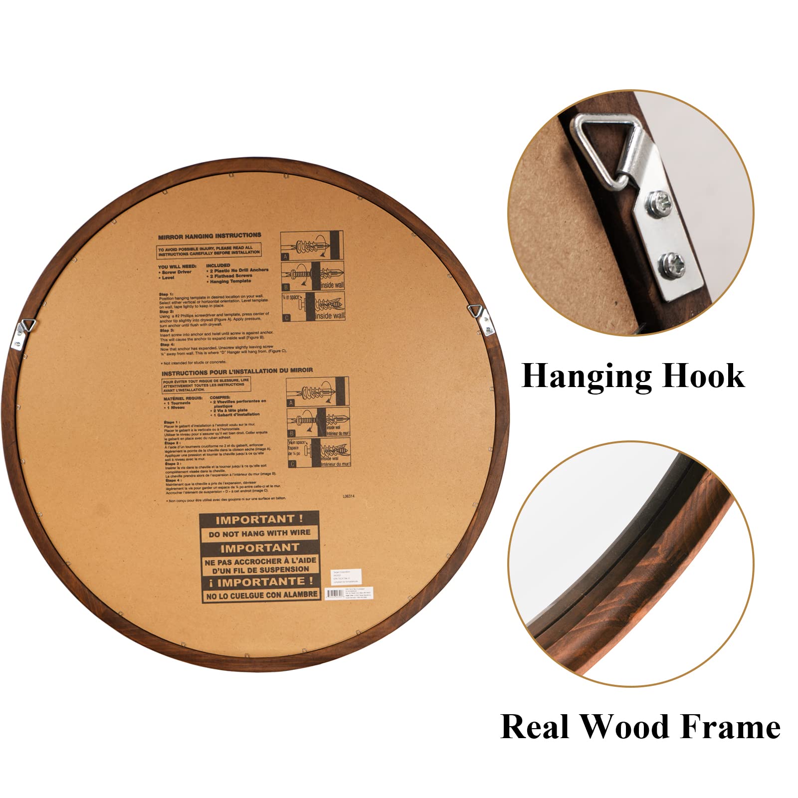 WallBeyond Round Mirror with Solid Real Wood Frame for Wall Decor, 26" Circle Wood Mirror Bathroom Wall Mirror for Living Room, Entryway and Bedroom,Brown - WoodArtSupply