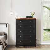 LIKIMIO 43" Tall 5 Drawers Dresser for Bedroom, Power Strip, Farmhouse Large Wood Dressers & Chest of Drawers with Wide Storage Cabinet, Black LIKIMIO