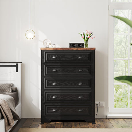 LIKIMIO 43" Tall 5 Drawers Dresser for Bedroom, Power Strip, Farmhouse Large Wood Dressers & Chest of Drawers with Wide Storage Cabinet, Black LIKIMIO