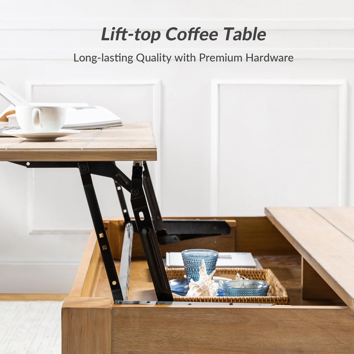 HULALA HOME Coffee Table Lift Top with Storage, Gourd-Shaped Legs, Wood Convertible Table for Living Room, Natural HULALA HOME