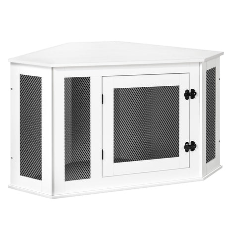 MAHANCRIS Corner Dog Crate Furniture, Wooden Dog Kennel End Table, Decorative Pet Crate Indoor Use, Furniture Style Dog House for Small Medium Dog, Dog Cage TV Stand, White and Black DCWT0801 MAHANCRIS