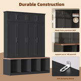Merax Hall Tree with Bench and Shoe Storage Compartments, Particle Board Multi-Functional Entryway Cabinet with 4 Hanging Hooks, Black Merax