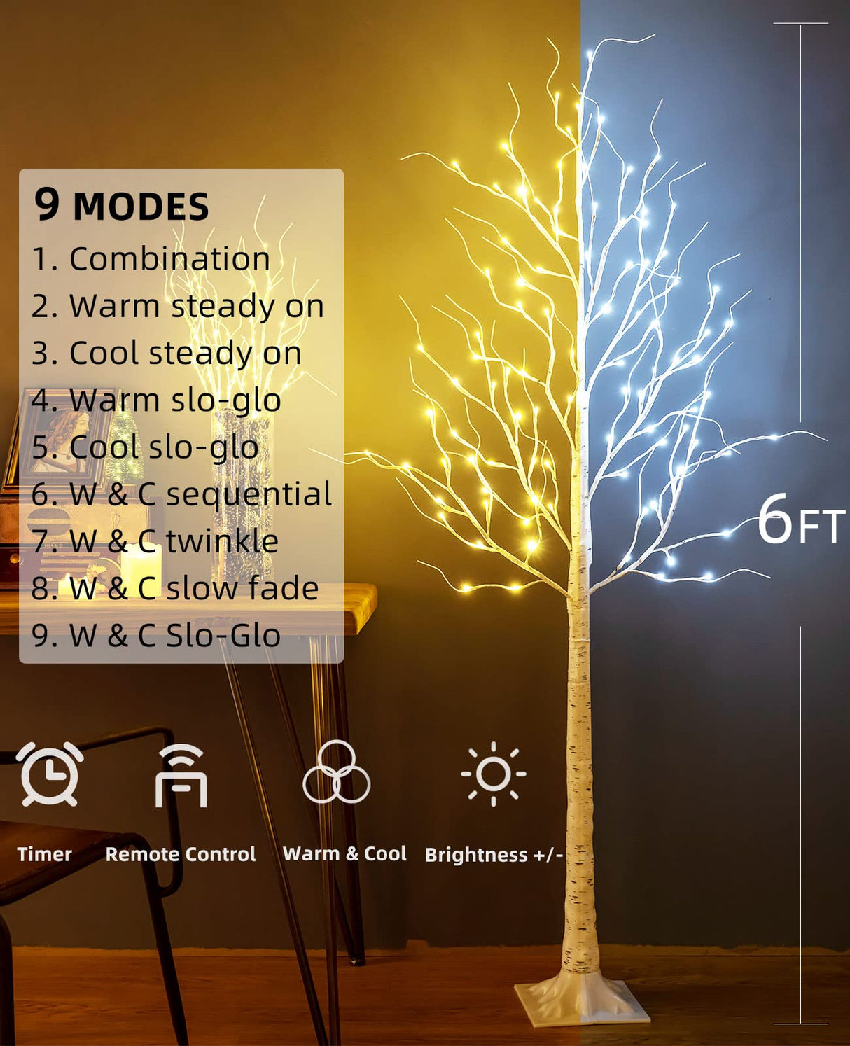 ZHOUDUIDUI Lighted Birch Tree, 6ft 96LED Birch Tree Lights,Artificial Twig Tree Light 9Modes Timer for Indoor Outdoor Christmas Halloween Easter Tree Home Party Wedding Decor,Warm & Cool White ZHOUDUIDUI