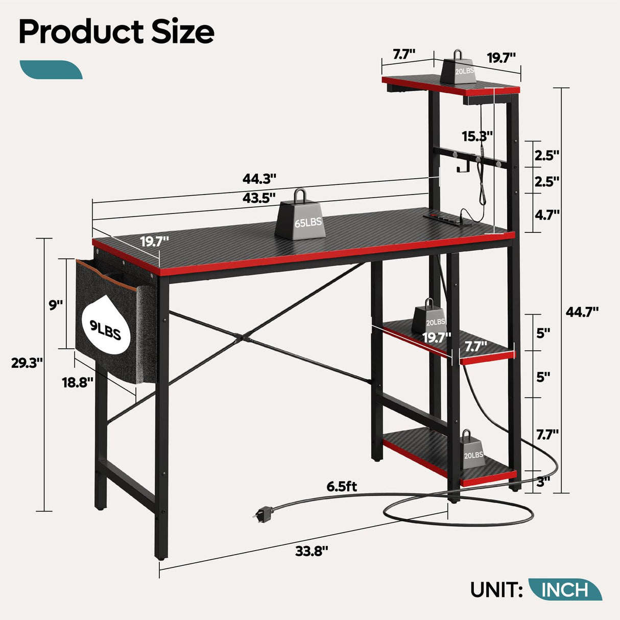 Bestier Gaming Desk with Power Outlets, 44 Inch Led Gamer Desk with 4 Tiers Reversible Shelves, PC Gaming Table with Headset Hook & Side Storage Bag for Bedroom (Black 3D Carbon Fiber) Bestier