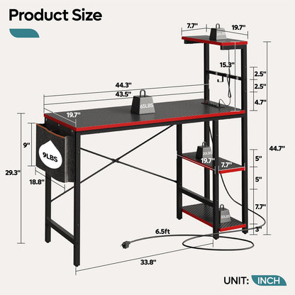 Bestier Gaming Desk with Power Outlets, 44 Inch Led Gamer Desk with 4 Tiers Reversible Shelves, PC Gaming Table with Headset Hook & Side Storage Bag for Bedroom (Black 3D Carbon Fiber) - WoodArtSupply