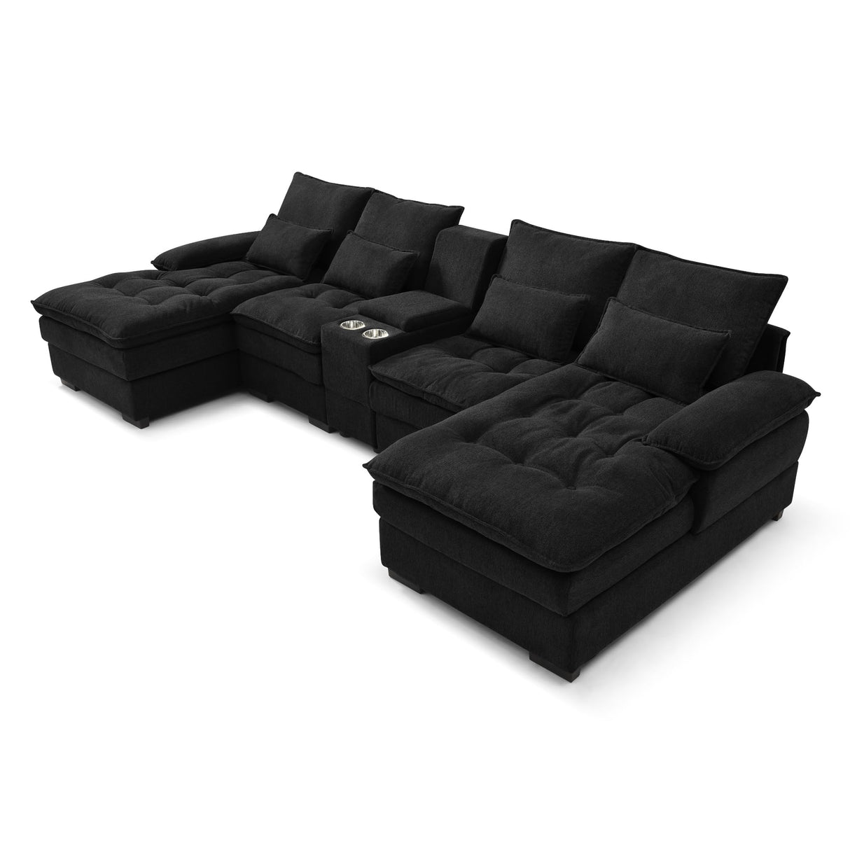 KEIKI 130" U-Shaped Sofa with Storage Console, Cup Holders, 6-seat Upholstered Sectional Sofa Button Tufted Cloud Cushion Couch for Home, Office, Apartment, Black KEIKI