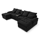 KEIKI 130" U-Shaped Sofa with Storage Console, Cup Holders, 6-seat Upholstered Sectional Sofa Button Tufted Cloud Cushion Couch for Home, Office, Apartment, Black KEIKI