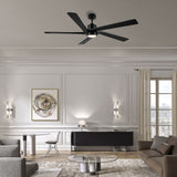 WINGBO 54" DC Ceiling Fan with Lights, 5 Carved Solid Wood Blades, 6-Speed Reversible DC Motor, Matte Black Finish Ceiling Fan with Remote, Black WINGBO