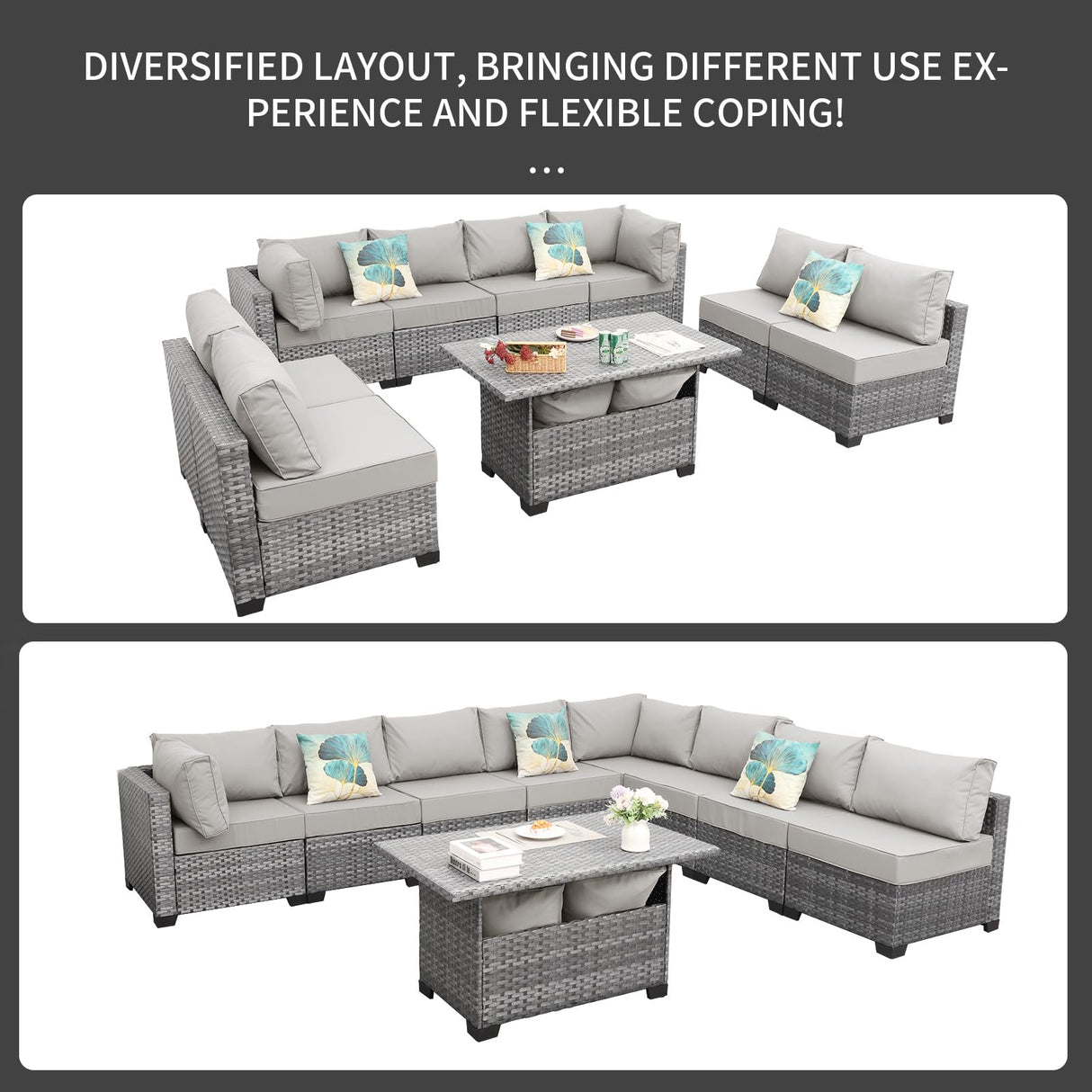 Rattaner 9-Piece Outdoor Sectional Wicker Furniture Set Patio Furniture Conversation Couch Set Large-size Storage Table with Thicken(5") Anti-slip Light Grey Cushions Furniture Cover Rattaner