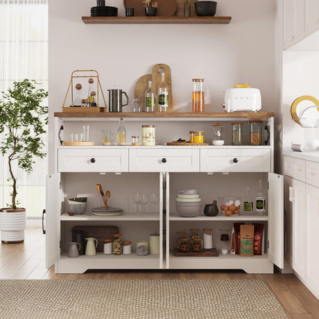 Befrases Farmhouse Buffet Cabinet with Drawers & Open Shelf, Sideboard Storage Cabinet, Kitchen Hutch Pantry, Wood Coffee Bar Station Cabinet for Kitchen, Dining Room, Hallway, 52" L White Befrases