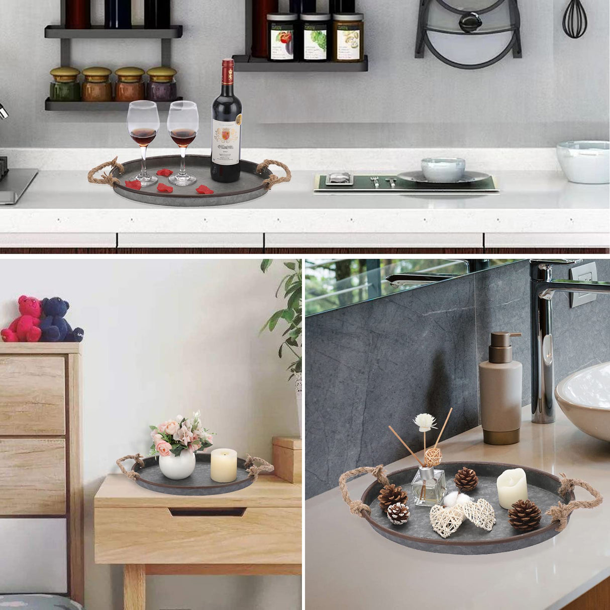 Hipiwe Galvanized Metal Iron Oval Tray with Rope Handle Farmhouse Serving Tray Rustic Industrial Decorative Centerpiece for Coffee Table Weddings and Parties Decor,Small Hipiwe