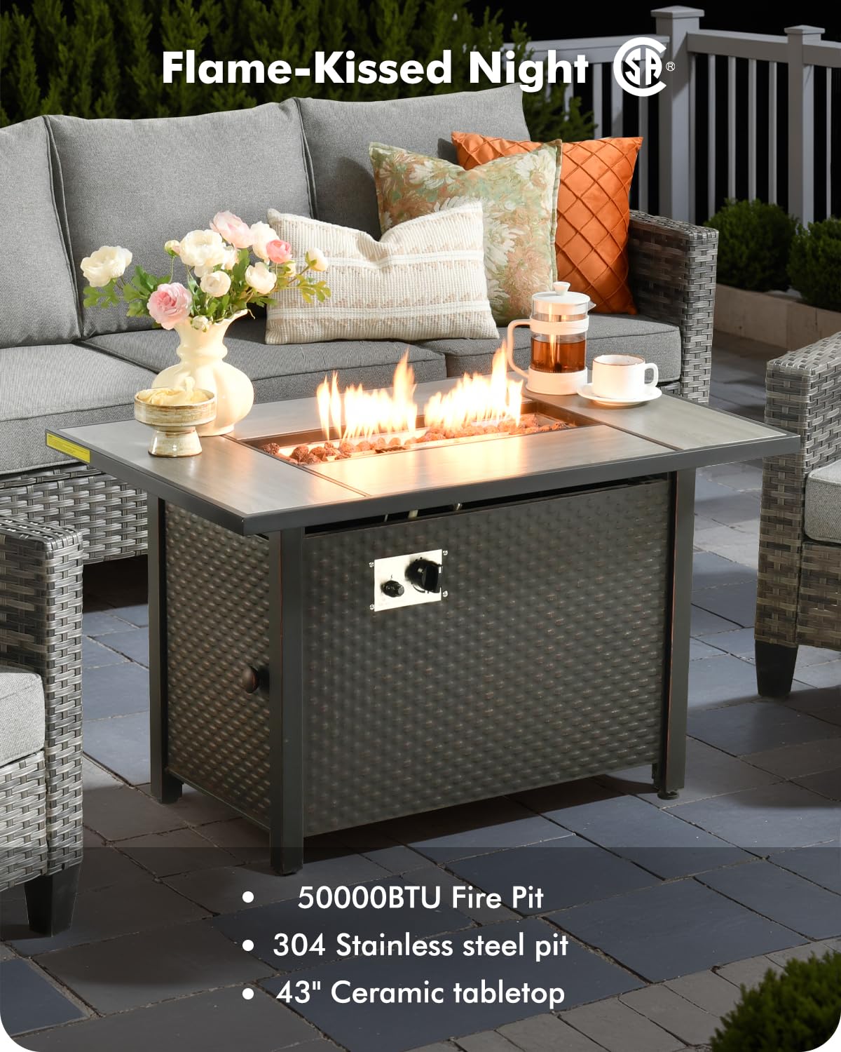 CAODOC 6-Piece Outdoor Wicker Patio Set with 7 Seats, Including 43" Fire Pit - Sectional Sofa and Conversation Set for Backyard or Lawn, Gray Rattan with Waterproof Dark Gray Cushions CAODOC