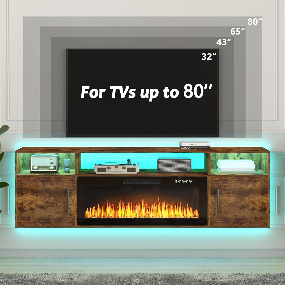 PUKAMI 70" Floating TV Stand with 36" Electric Fireplace,Wall Mounted Entertainment Center with LED Lights and Highlight Storage Cabinet for TVs up to 80" for Living Room (Brown) PUKAMI