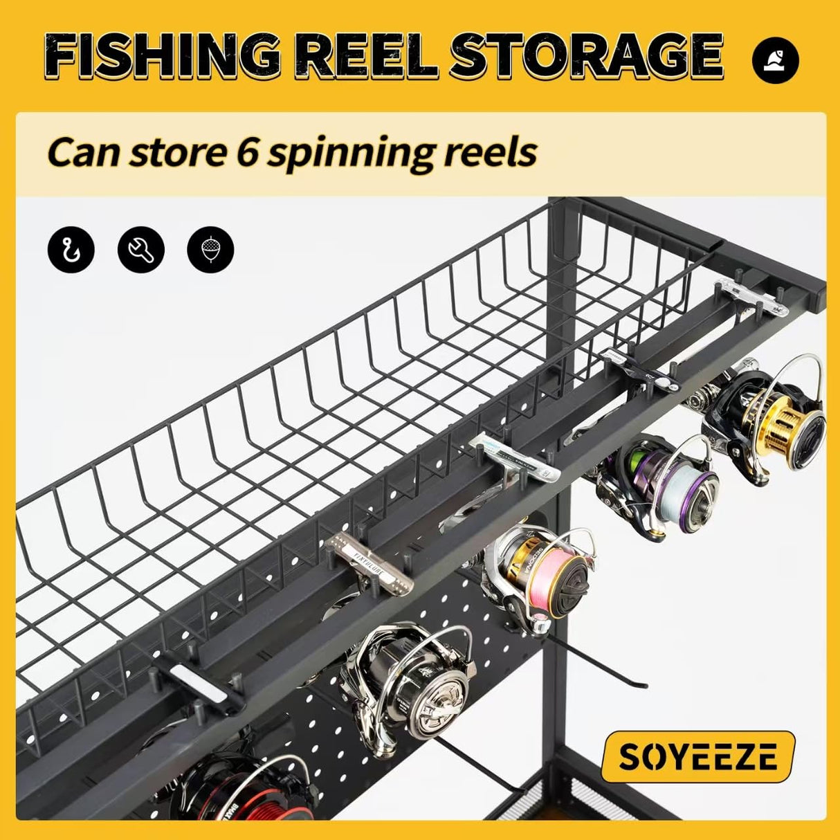 SOYEEZE Large Size Fishing Rod Holders for Garage, Heavy Duty 4-Tier Fishing Pole Rack Holds up to 12 Rods with Pegboard and Hooks, Fishing Gear Organizer, Fishing Storage Cart with Lockable Wheels SOYEEZE