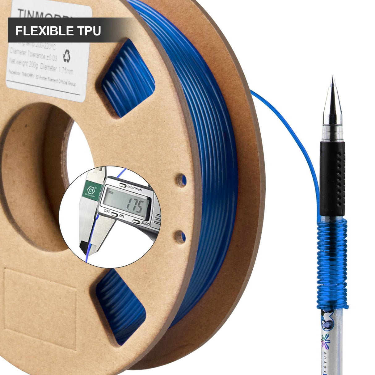 TPU Filament 1.75mm Bundle, TINMORRY 3D Printer Filament Combipack, 200g x 5 Spools, Black+White+Transparent red+Transparent Blue+Transparent Green TINMORRY