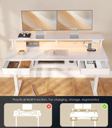 OffiGo Electric Standing Desk with Drawers & Keyboard Tray, 55 Inch Height Adjustable Desk with Power Outlets & LED Lights, Sit Stand Table with Monitor Stand for Home, Office, White OffiGo