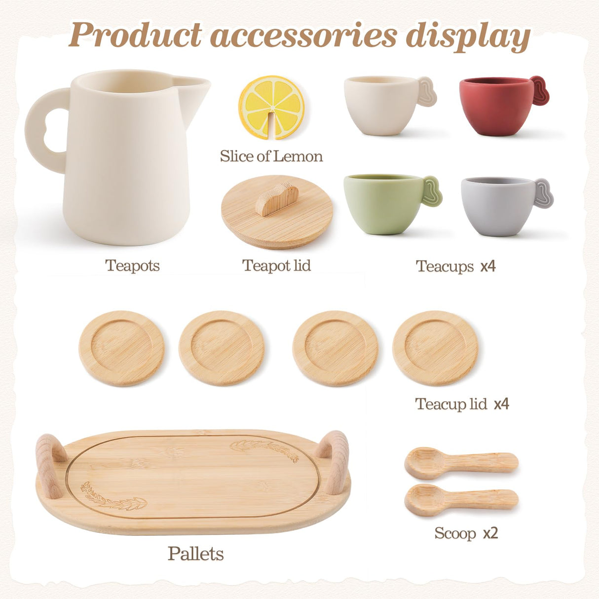 Tea Party Set for Kids, Wooden Tea Set for Little Girls and Boys, Kids Play Kitchen Accessories Toy Dishwasher Safe Tea Set for Toddler, Pretend Play Toddler Tea Set Ideal Christmas Birthday Gift Ikubigu