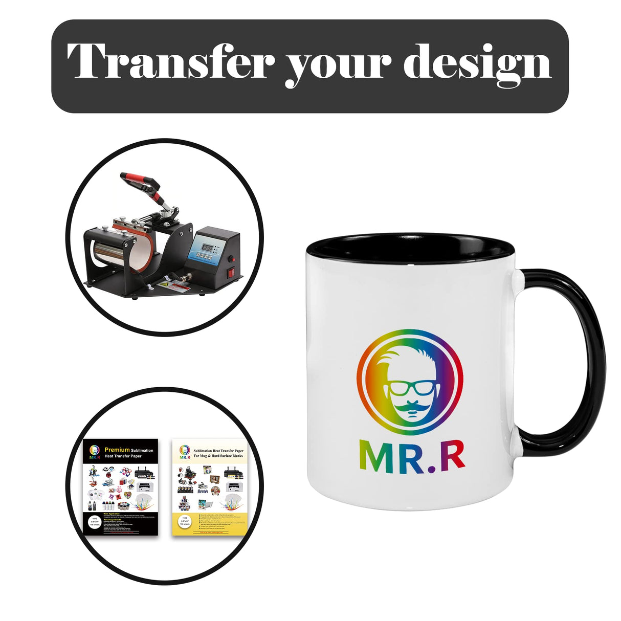 MR.R 11oz Sublimation Blank Coffee Mugs,Cup Blank White Mug Cup with Black Color Mug Inner and Handle,Set of 2 MR.R