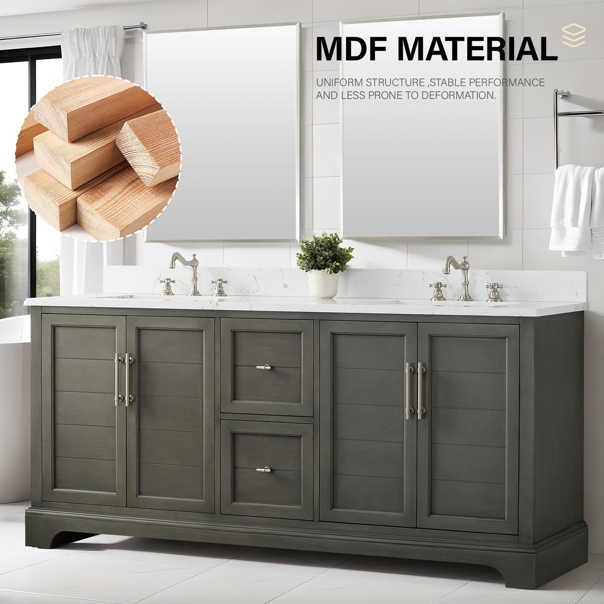 HOMEBEYOND 72 Inch Bathroom Vanity with Double Sink & Ceramic Top, Vanity Cabinet with Center Countertop Basin, Soft-Closing Doors, Backsplash, Sliver Grey HOMEBEYOND