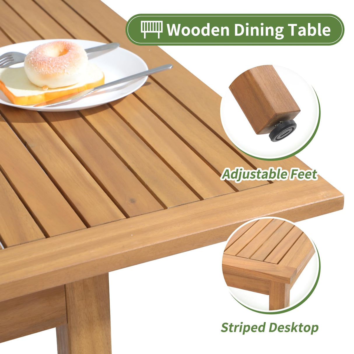 OC Orange-Casual 7 Piece Patio Dining Set, Outdoor Acacia Wood Furniture Set, Extendable Rectangular Table and 6 Stackable Chairs w/Removeable Fabric Cushion, White Cushion OC Orange-Casual