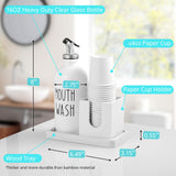 Mouthwash Dispenser for Bathroom, 16 OZ Glass Mouthwash Dispenser with Pour Spout and Wood Cup Holder and Tray, Mouth Wash Bottle Container, Farmhouse Kitchen Bathroom Decor and Accessories, White Bivvclaz