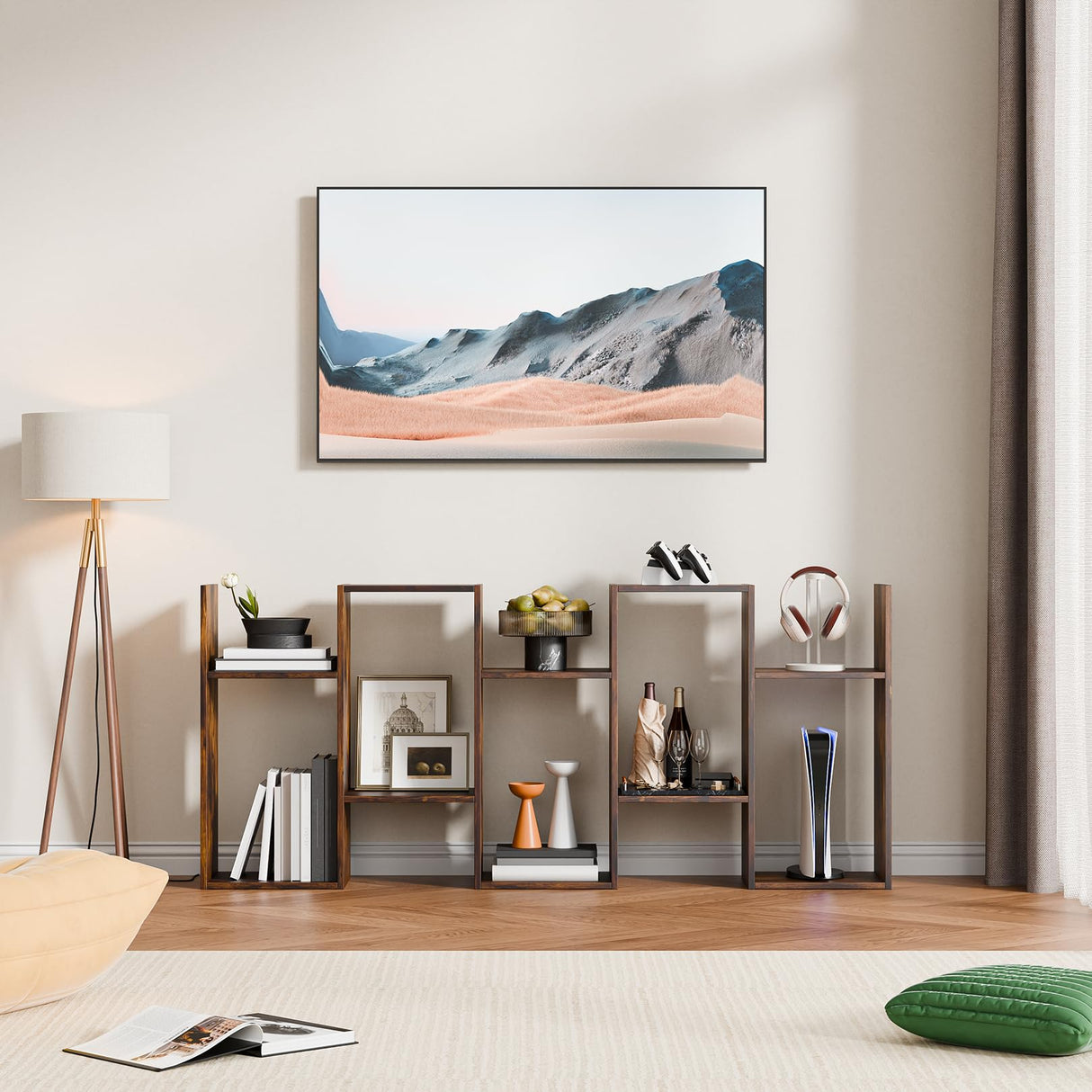 Cozy Castle Set of 2 Geometric Bookcase, S-Shaped Modern Bookshelf, Room Divider Bookshelf, 62" Tall Unique Abstract Bookcase with 5-Tier Display Shelf for Living Room Office, Rustic Brown Cozy Castle