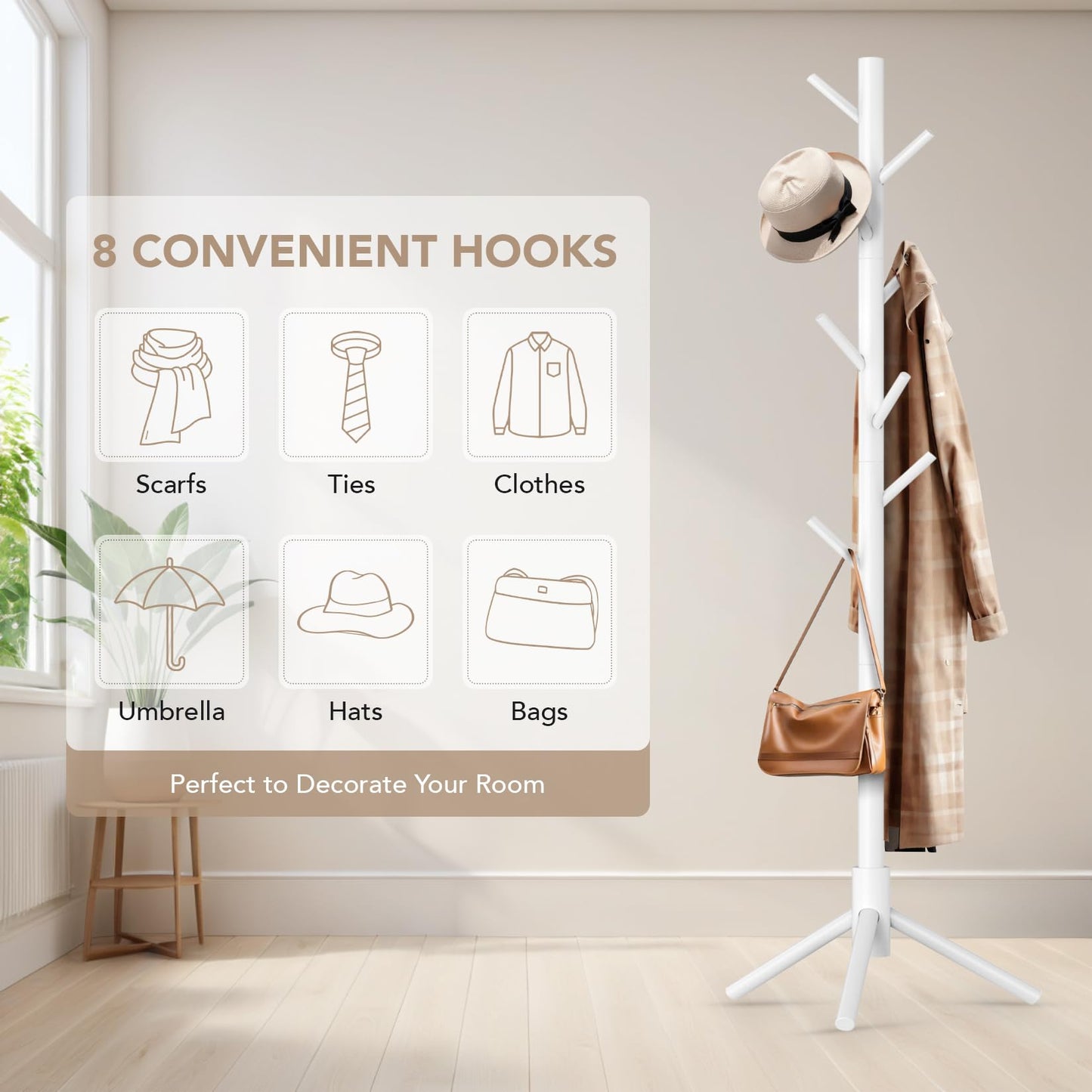 Hupmad Wooden Tree Coat Rack Stand,Sturdy Freestanding Coat Rack with 8 Hooks,3 Adjustable Height for Child Adult,Wood Coat Stand Tree Fits Entryway Bedroom Office for Bags,Hats