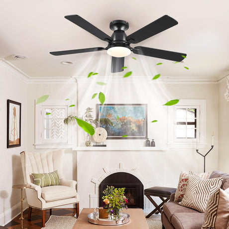 Ceiling Fans with Lights- 52" Low Profile Indoor Ceiling Fan with Light and Remote/APP Control, Flush Mount, LED Dimmable DC Reversible Modern Ceiling Fan for Bedroom（Black） Mpayel