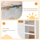 BTHFST Twin Size Loft Bed for Kids, 8 Storage Drawers & LED Lights, House Shaped Metal Bed with Bookcase, Soft Foam Ladder, 13.4" Safety Guardrail, Space Saving, Fun Curtain BTHFST