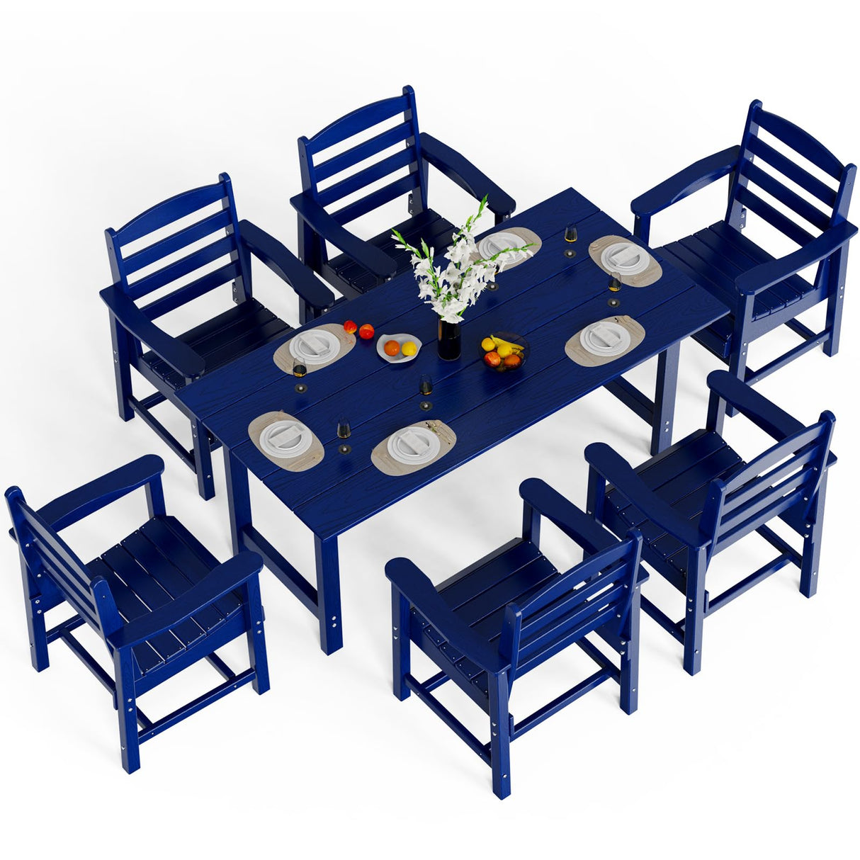 VINGLI 7-Piece Outdoor Patio Dining Set, HDPE All-Weather Rectangular Table with Umbrella Hole & 6 Patio Dining Chairs, Durable Patio Furniture for Backyard, Garden, Pool (Navy Blue, 7 Piece) VINGLI