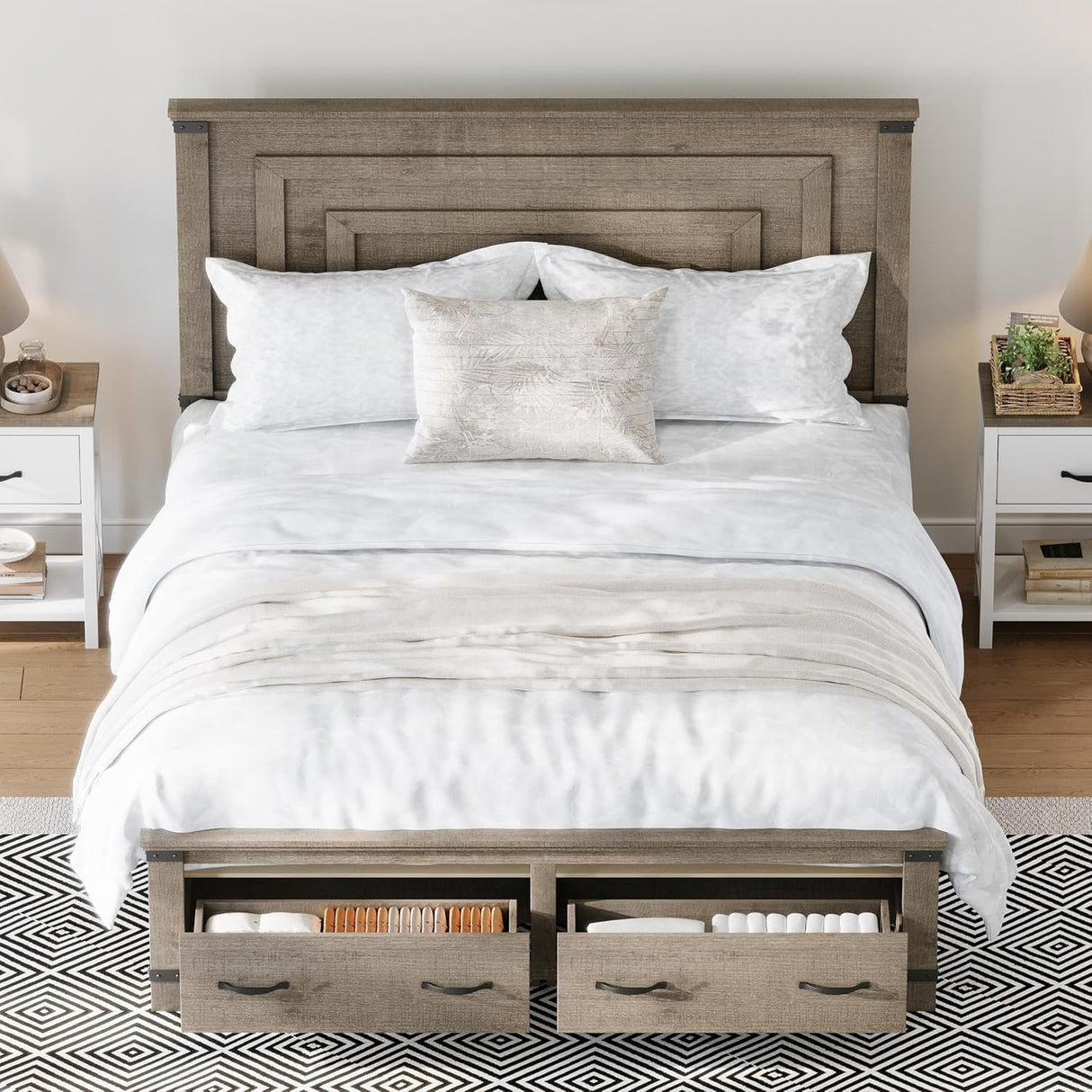 AMERLIFE Farmhouse Queen Bed Frame with 54" Tall Geometric Headboard & Footboard, Rustic Wood Platform Bed Frame with Large Storage Drawers, Wood Slats Support, No Box Spring Needed, Rustic Gray AMERLIFE