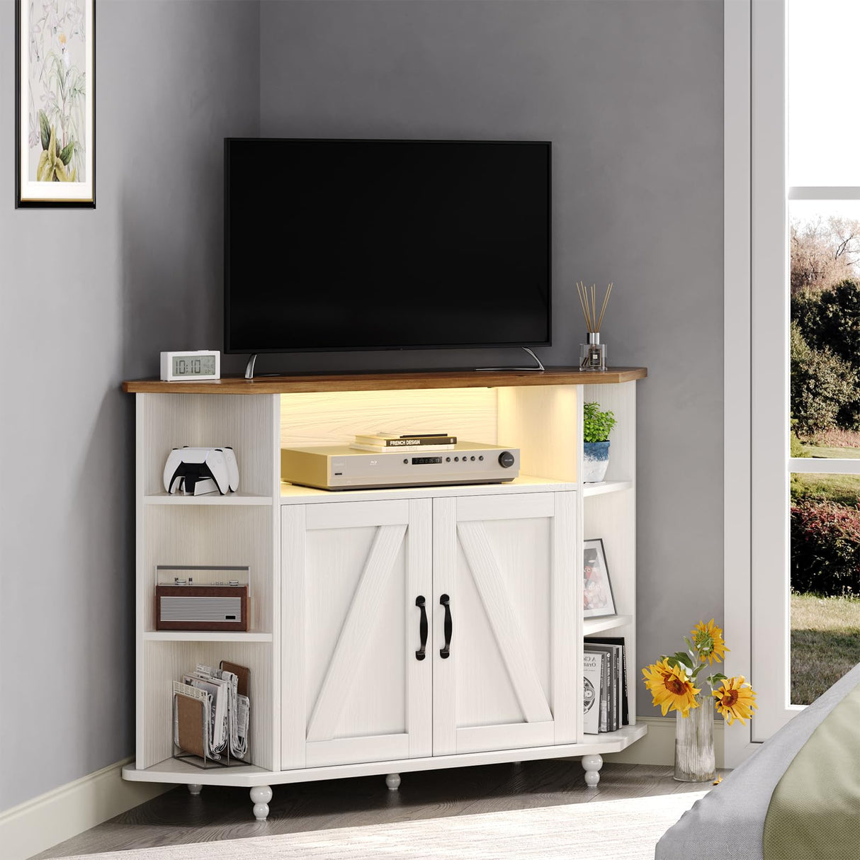4 EVER WINNER Corner TV Stand for 55 Inch with LED Lights, Farmhouse Corner TV Cabinet with Adjustable Shelves, Corner Entertainment Center with Barn Doors for Living Room, White 4 EVER WINNER