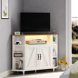 4 EVER WINNER Corner TV Stand for 55 Inch with LED Lights, Farmhouse Corner TV Cabinet with Adjustable Shelves, Corner Entertainment Center with Barn Doors for Living Room, White 4 EVER WINNER