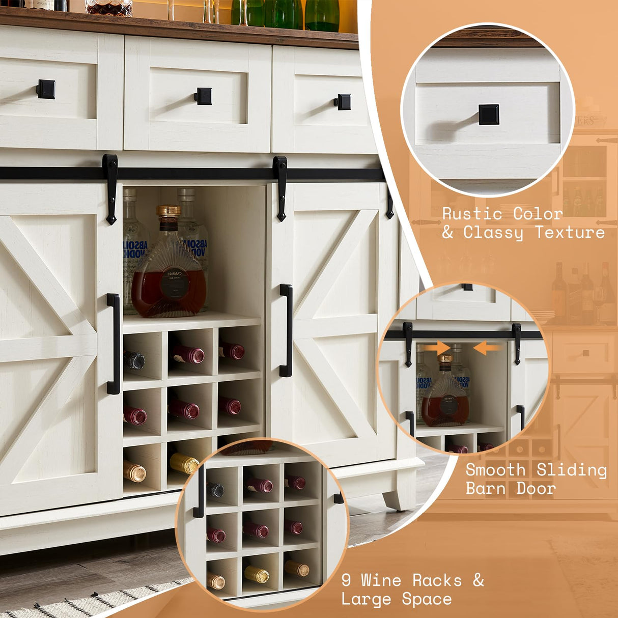 AMERLIFE Coffee Bar Cabinet with Sliding Barn Door, 72" Farmhouse Kitchen Sideboard, Buffet Storage Table, 3 Drawers, LED Lights, Tall Hutch Home Bar for Dining Room, White AMERLIFE