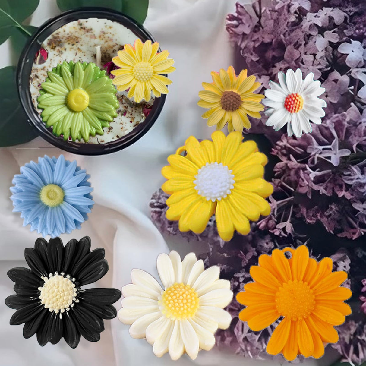 10PCS Daisy Flower Silicone Mold Chrysanthemum Flower Silicone Mold with Large-Eye Wicking Needle,Candlewick Resin Candle Molds DIY Soap Concrete Casting Polymer Clay Cupcake Topper Candy Craft TYMKLMZG