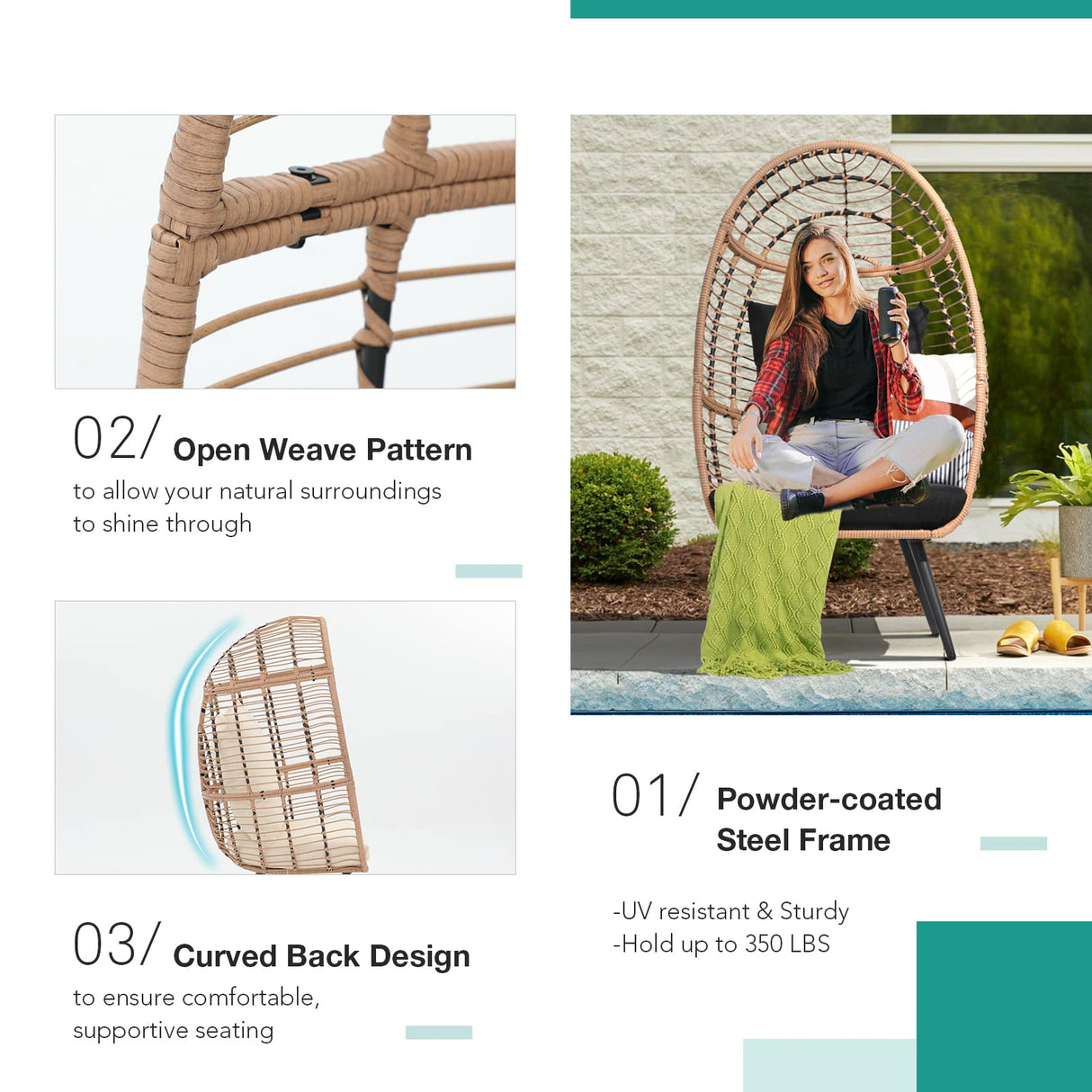 Patiorama Wicker Egg Chair Outdoor Indoor, Rattan Lounge Chair for Outside w/Legs Cushion, Basket Wicker Chair for Bedroom Living Room Front Porch Backyard Garden 350 lbs Capacity (Black) Patiorama