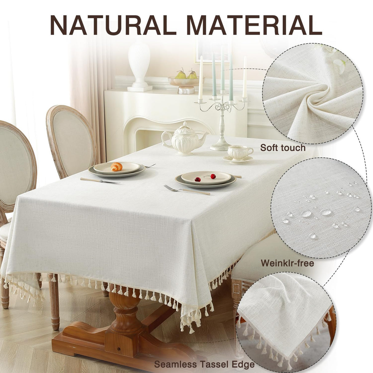 JIALE Textured Tablecloth, Heavy Duty Cotton Linen Farmhouse Table Cloth Rectangle Table, Waterproof Wrinkle-Free Rectangle Table Cover for Kitchen, Dining, Parties, 55"x75", Ivory JIALE