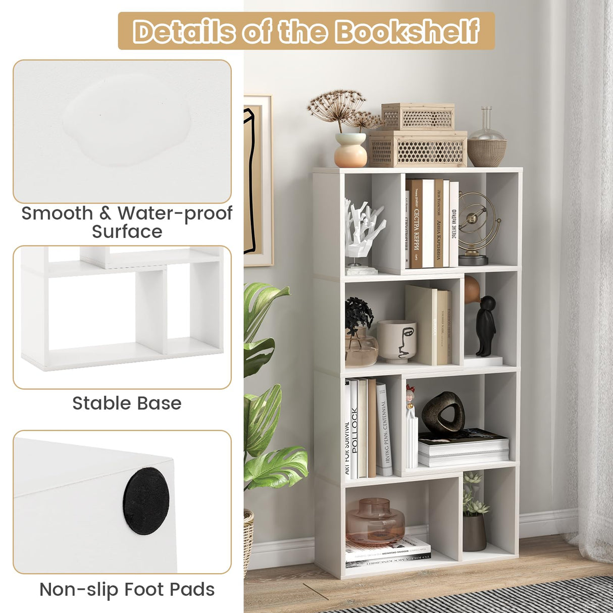 Tangkula 5 Tier Geometric Bookshelf, 48”H Freestanding 8-Cube Open Bookcase, Wooden Storage Display Shelf, 2 Anti-Toppling Devices, 8 Cubes Home Office Decor Room Divider for Living Room (1, White) Tangkula