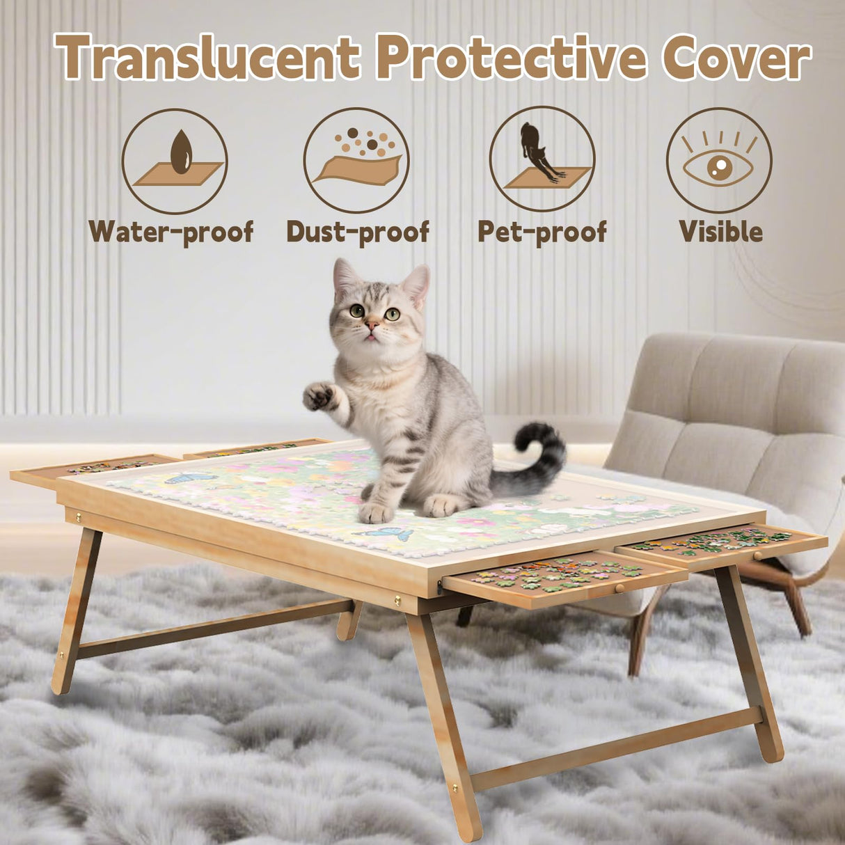 SkylarkJoy Jigsaw Puzzle Table 1500 Pieces, Portable Puzzle Board with 4 Drawers and Cover, Wooden Puzzle Board for Adults with Drawers, Board Gmae Table for All Ages SkylarkJoy