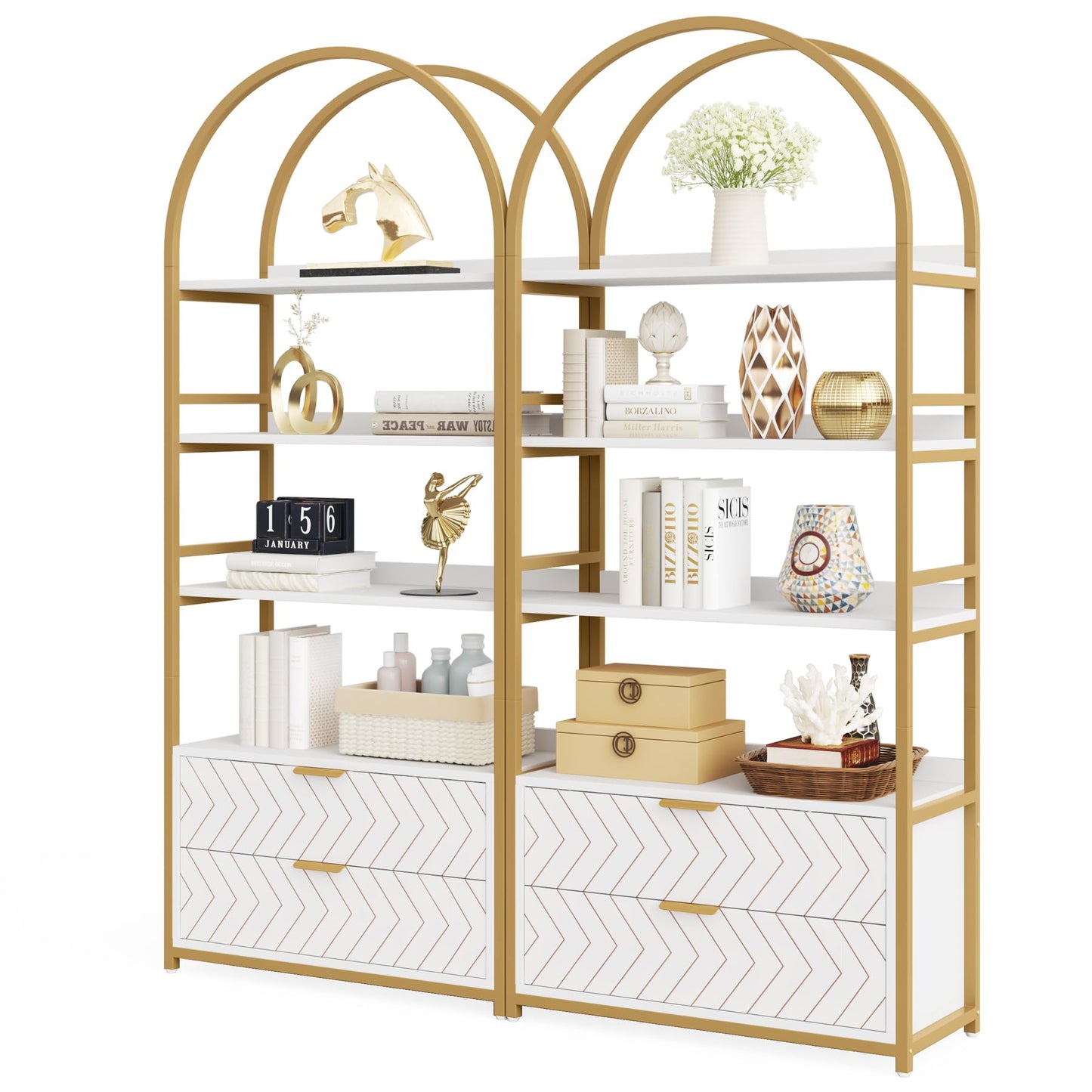 Tribesigns 4-Tier Tall Bookcase with Drawers – Stylish White & Gold Free-Standing Storage Shelf - WoodArtSupply