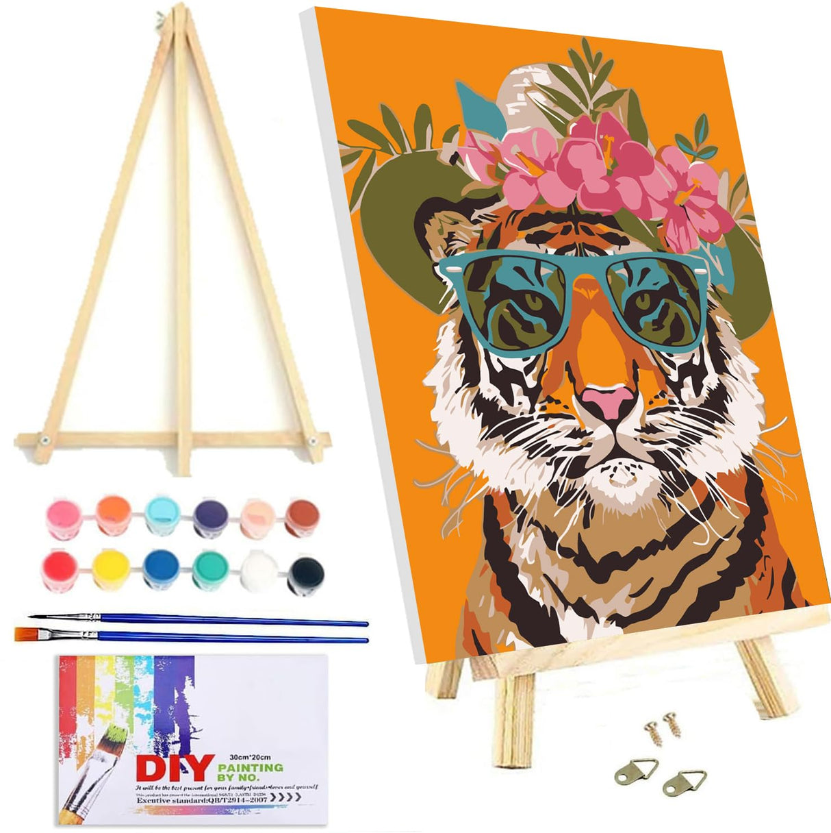 Tiger Paint by Numbers kit for Adults Framed Canvas - with Wooden Easel and Nice Box,Adults' Paint-by-Number Kits Animal DIY Acrylic Oil Painting for Home Wall Decor 7.8x11.8inch Kaixine