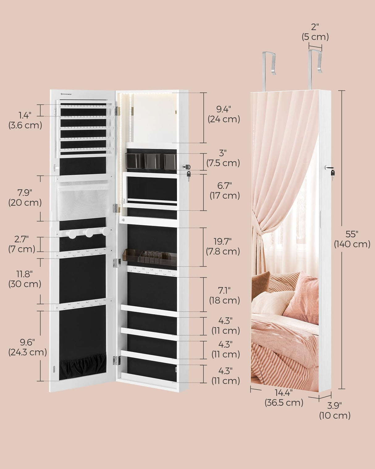 SONGMICS 55 Inches Tall Spacious Jewelry Cabinet, Jewelry Armoire with Light-Up Interior Mirror, Wall or Door Mounted Jewelry Storage Organizer, Lockable, Gift Idea, Cloud White UJJC032W01 SONGMICS