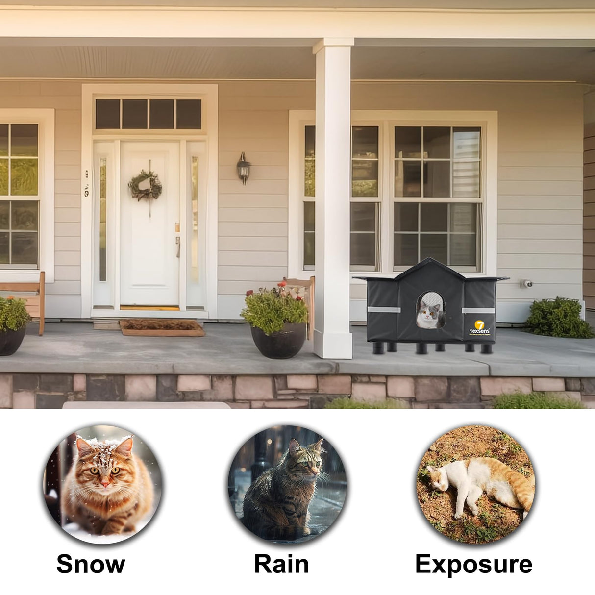 Texsens Large Cat House - Weatherproof Outdoor Cat Shelter with Roof Window- Insulated Elevated House for Stray/Barn Cats with Cozy Cushion - Ideal Waterproof Feral Cat House for Summer Texsens