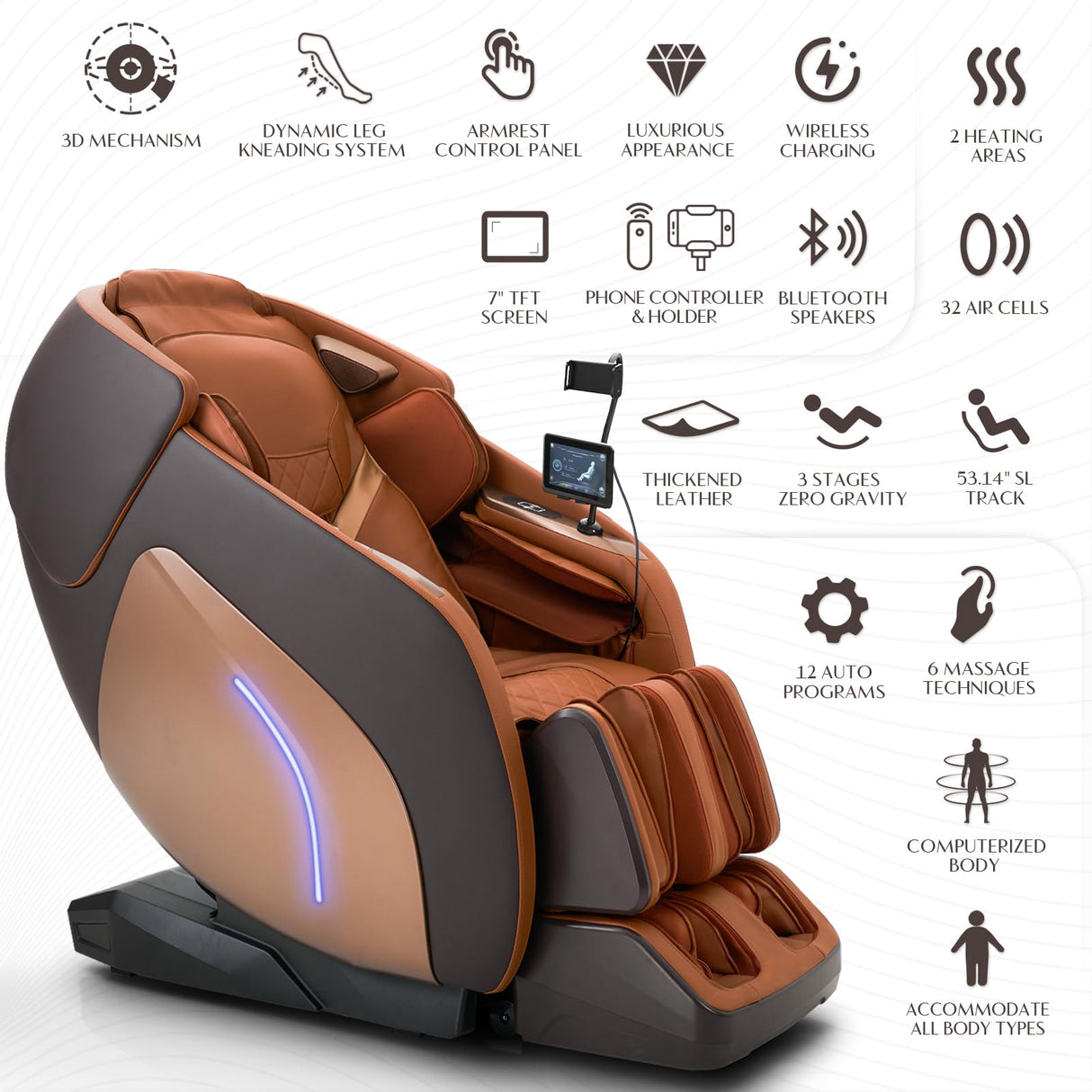 3D Massage Chair, Full Body Massage Chair, Zero Gravity Recliner w/Dynamic Leg Kneading System, 53.14" SL Track, Sleek Appearance, 12 Auto Modes, Wireless Charging, Bluetooth Speaker, TFT Screen Mazzup