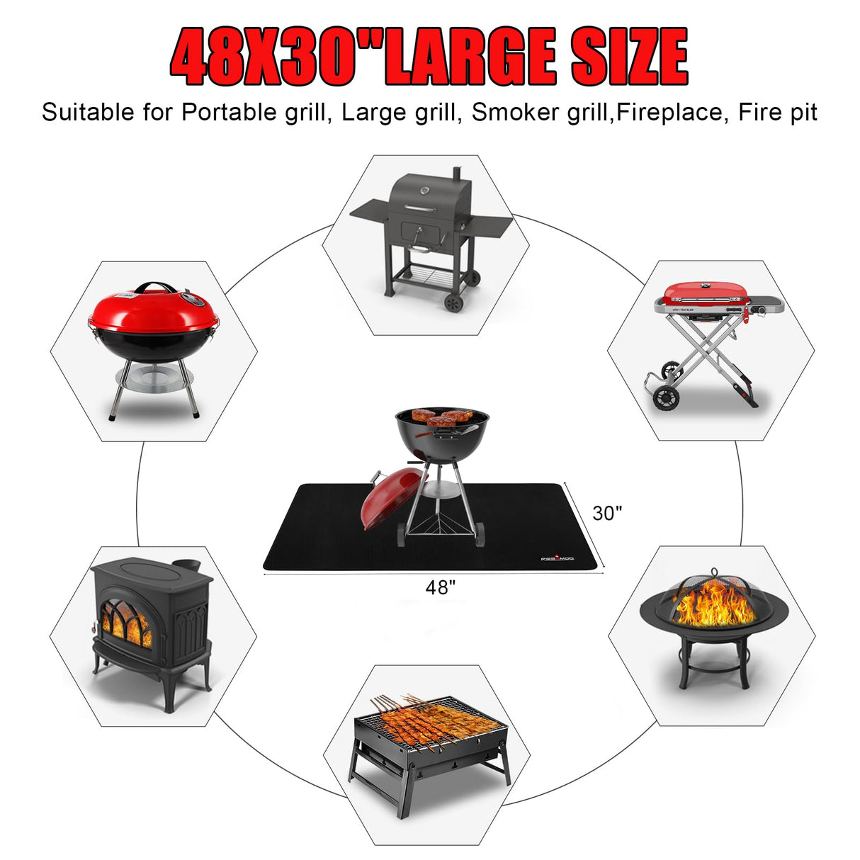 48 x 30 Inches Under Grill Mat for Outdoor Grill, Double-Sided Fireproof grill Mat, Indoor Fireplace Mat Fire Pit Mat, Waterproof Oil-Proof BBQ Floor Pads, Deck and Patio Protectors Mat RERAMDO