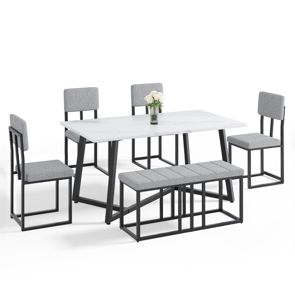 HUGROVE 6-Piece Dining Table Set, 51.18'' Faux Marble Rectangular Table with 4 Linen Upholstered Dining Chairs and Bench, Modern Kitchen & Dining Room Furniture for Family Gathering HUGROVE