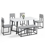 HUGROVE 6-Piece Dining Table Set, 51.18'' Faux Marble Rectangular Table with 4 Linen Upholstered Dining Chairs and Bench, Modern Kitchen & Dining Room Furniture for Family Gathering HUGROVE