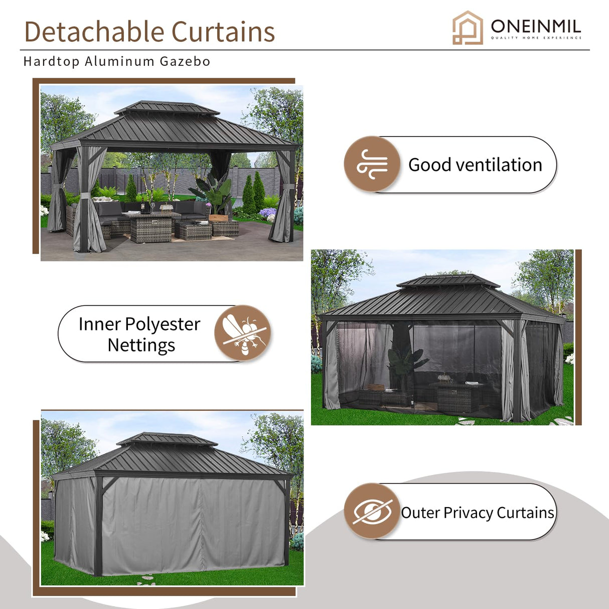 oneinmil 12x16FT Outdoor Gazebo, Heavy Duty Metal Double Roof Hardtop Gazebo with Aluminum Frame and Netting and Curtains for Patios oneinmil
