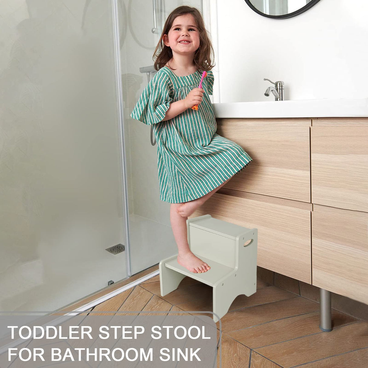 WOOD CITY Wooden Toddler Step Stool for Kids, Grey Two Step Children's Stool with Handles, Bonus Non-Slip Pads for Safety, Bathroom Potty Stool & Kitchen Step Stools Dual Height… WOOD CITY
