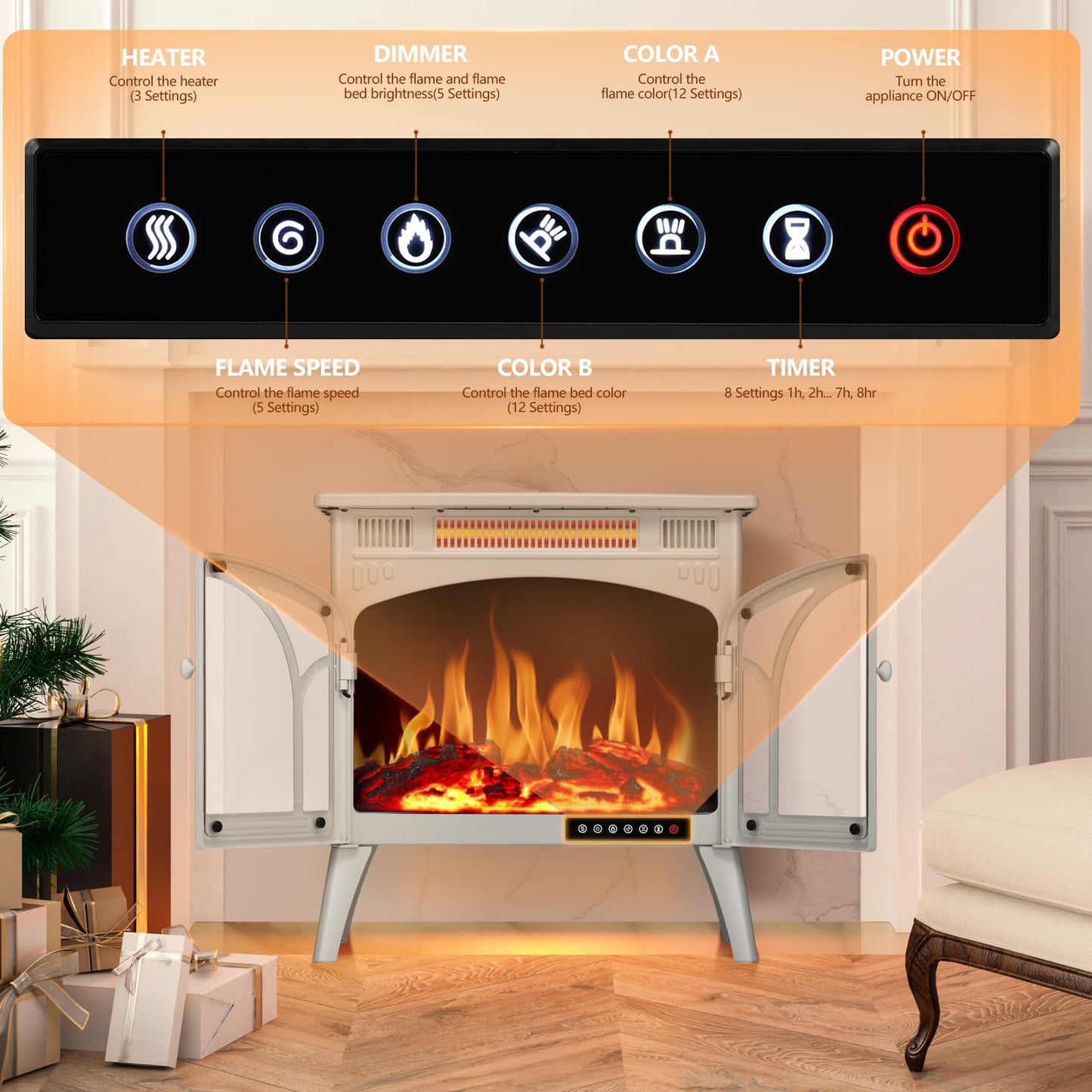 R.W.FLAME Electric Fireplace Heater 25" with Remote, Cathedral Stylish, Different Flame Effects and Log Set Colors, Adjustable Brightness and Heating Mode, Overheating Safe Design, Beige